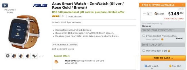 Fotografía - [Offre Alerte] Acheter Un ASUS ZenWatch Pour 150 $ (25% de réduction) sur Newegg et recevez 10 $ Une carte-cadeau